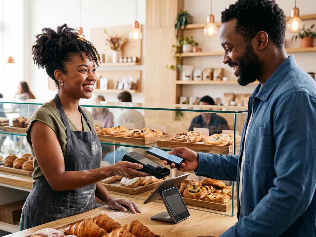 A business owner takes a contactless payment from a customer at her bakery counter